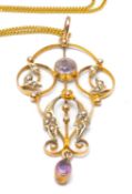 YELLOW METAL EDWARDIAN-STYLE PENDANT, set with amethyst and seed pearls on 9ct gold chain, 4.7gms,