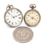 TWO SWISS SILVER FOB WATCHES, one 19th Century, with manual wind, black enamel Roman numerals,