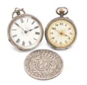 TWO SWISS SILVER FOB WATCHES, one 19th Century, with manual wind, black enamel Roman numerals,