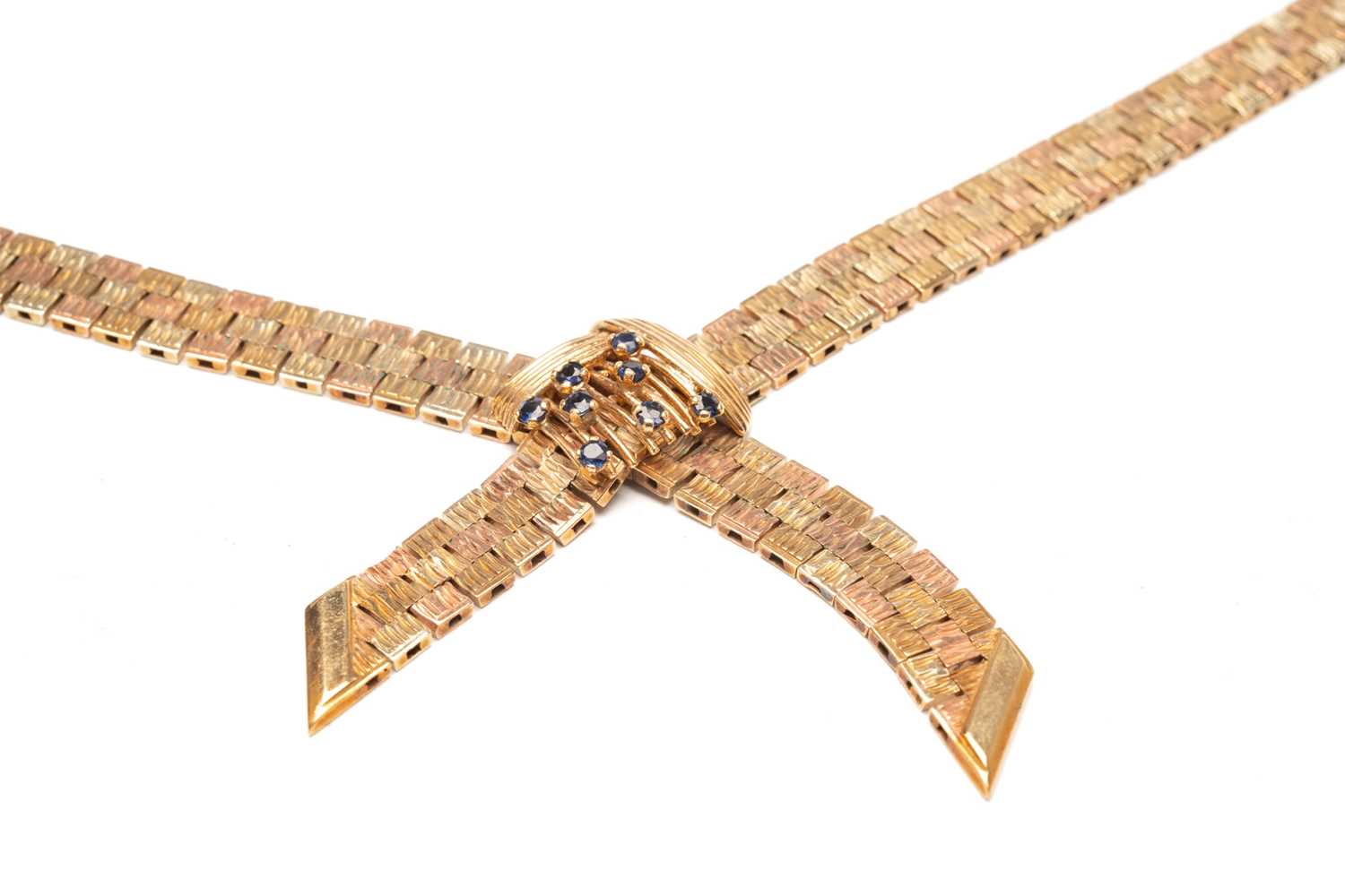 9CT GOLD TRI-COLOUR BRICK LINK NECKLACE, set with eight sapphires, 40cms long, 53.3gms, in - Image 2 of 2