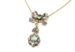 EDWARDIAN EMERALD & DIAMOND BOW PENDANT, on 14ct gold fine chain, 7.1gms Provenance: deceased estate