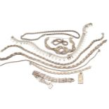 ASSORTED SILVER JEWELLERY comprising fringe necklace, chains, gate bracelet, ingot, 109.6gms