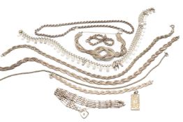 ASSORTED SILVER JEWELLERY comprising fringe necklace, chains, gate bracelet, ingot, 109.6gms