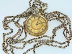 18CT GOLD FANCY FOB WATCH, scroll and foliate engraved, the gilt dial with Roman numerals, breguet