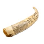 WALRUS SCRIMSHAW TUSK, 19th Century, engraved and stained with a female figure in Victorian costume,