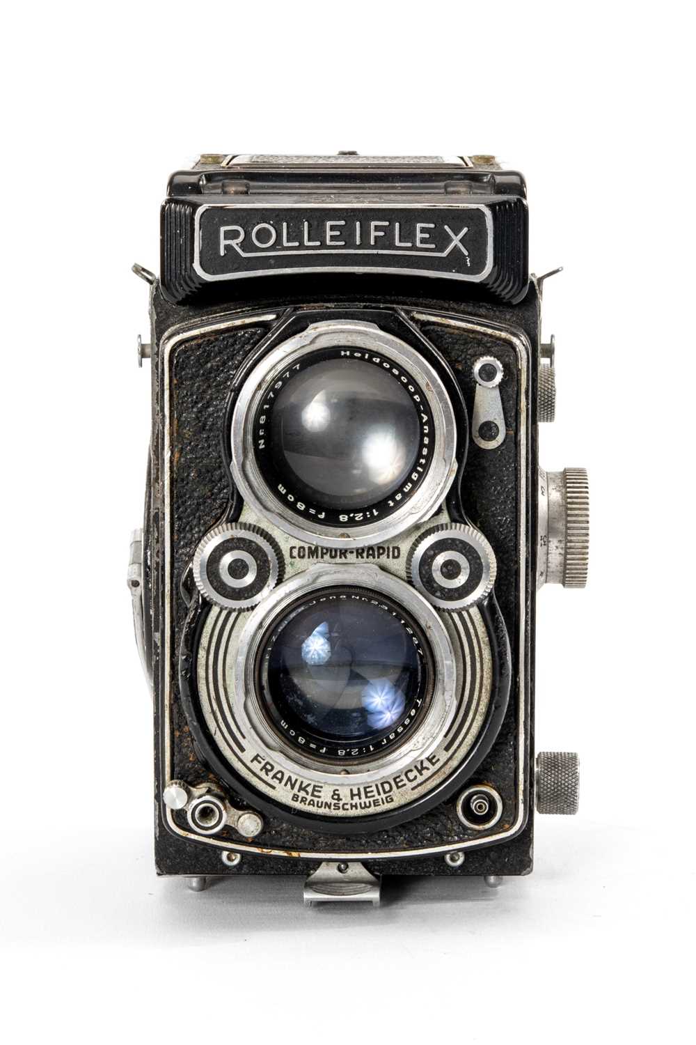 A ROLLEIFLEX 2.8F MEDIUM FORMAT CAMERA - black, with a Carl Zeiss Jena, Tessar f/2.8 8cm lens,