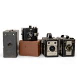 FOUR ASSORTED BOX CAMERAS, comprising Coronet Ambassador, Conway colour filter camera, Ensign box