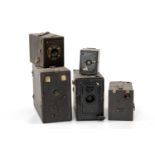 FIVE ASSORTED BOX CAMERAS, including No.2 Brownie, Coronet Rex, Box Ensign 2 1/2, black box camera