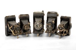 FIVE ASSORTED BELLOW CAMERAS, including Kodak 1:7,7 10.5cm, Ensign Trikon Ranger f/6.3 105mm etc. (
