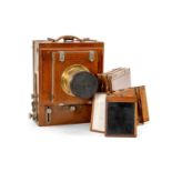 ICA MAHOGANY FIELD FULL PLATE CAMERA, with E. Krauss 50mm f6.3 lens, no. 111407, lens cap and