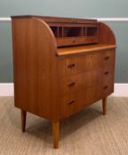 MID-CENTURY TEAK CYLINDER BUREAU, fitted interior above three long drawers, pull-out writing