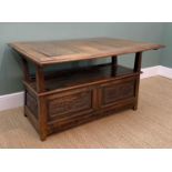 JOINED OAK TABLE SETTLE, folding top decorated to the underside with three panels of geometric