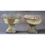 TWO ROUND COMPOSTION PLANTERS, fluted bowls on square based plinths, 47cms diameter (2)
