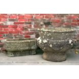 TWO COMPOSITION PLANTERS, small Roman style oval trough, 50w x 29h x 22cms d together with urn
