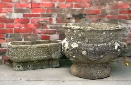 TWO COMPOSITION PLANTERS, small Roman style oval trough, 50w x 29h x 22cms d together with urn