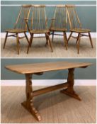 ERCOL-STYLE ELM DINING TABLE & SET 4 CHAIRS, possibly Priory of Manchester, the table of trestle
