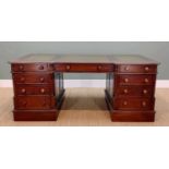 VICTORIAN-STYLE MAHOGANY PARTNERS DESK, moulded inverted breakfront top inset with three leather