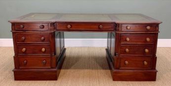 VICTORIAN-STYLE MAHOGANY PARTNERS DESK, moulded inverted breakfront top inset with three leather