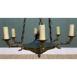 19TH CENTURY-STYLE ENAMELLED BRASS 6-LIGHT CIELING LAMP, supporting eight scrolled arms hung from