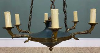 19TH CENTURY-STYLE ENAMELLED BRASS 6-LIGHT CIELING LAMP, supporting eight scrolled arms hung from