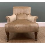 HOWARD & SONS EASY ARMCHAIR, button upholstered scroll back and arms, deep tapering seat, turned