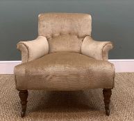 HOWARD & SONS EASY ARMCHAIR, button upholstered scroll back and arms, deep tapering seat, turned