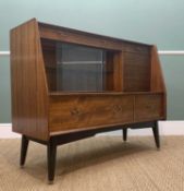 MID-CENTURY G-PLAN TOLA AND BLACK SIDEBOARD, fitted cutlery drawer, drop flap liqueur cabinet, glass