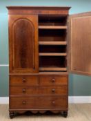 LATE VICTORIAN WALNUT LINEN PRESS, angled cornice above arch panelled doors enclosing sliding