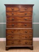 EARLY 19TH CENTURY MAHOGANY TALLBOY CHEST, shaped cornice, fitted arrangement of 8 graduated