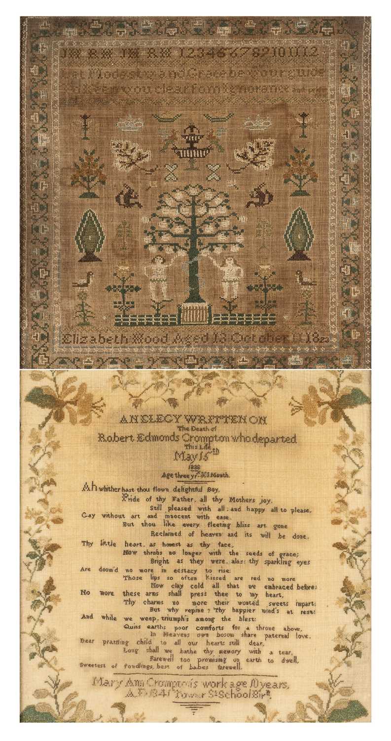 REGENCY NEEDLEWORK SAMPLER, by Elizabeth Wood aged 13, dated October 1823, depicting Adam and Eve in