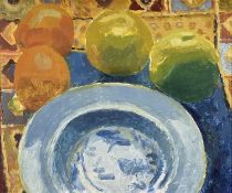 ‡ DAVID JONES oil on board - still life of apples, oranges and bowl, signed and dated verso 1968, 25