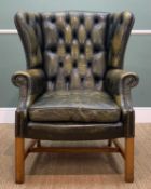 GEORGIAN-STYLE WINGBACK LEATHER ARMCHAIR, upholstered in green leather and close-nailed, square