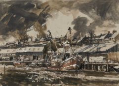 ‡ EDEN EVANS (20th Century) ink and gouache on paper - entitled 'Milford Docks, Trawlers 11',