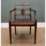JAMES SHOOLBRED MAHOGANY ARMCHAIR, in the Regency style, frame with ivorine label