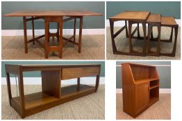 ASSORTED MID-CENTURY TEAK FURNITURE, including low bookcase 92cms w, AV stand 134cms w, dropflap