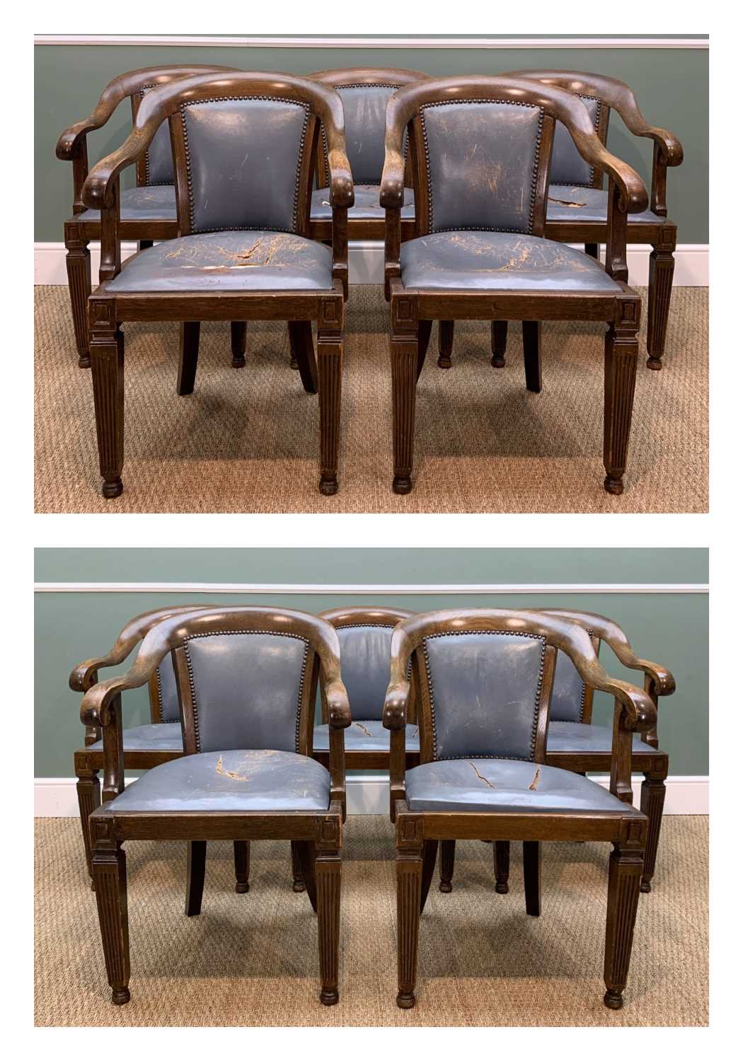 SET TEN EARLY 20TH CENTURY STAINED BEECH ARMCHAIRS, downward swept arms, on fluted square section