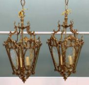 PAIR LOUIS XV-STYLE BRASS HALL LANTERNS, of tapering hexagonal form fitted with engraved clear glass