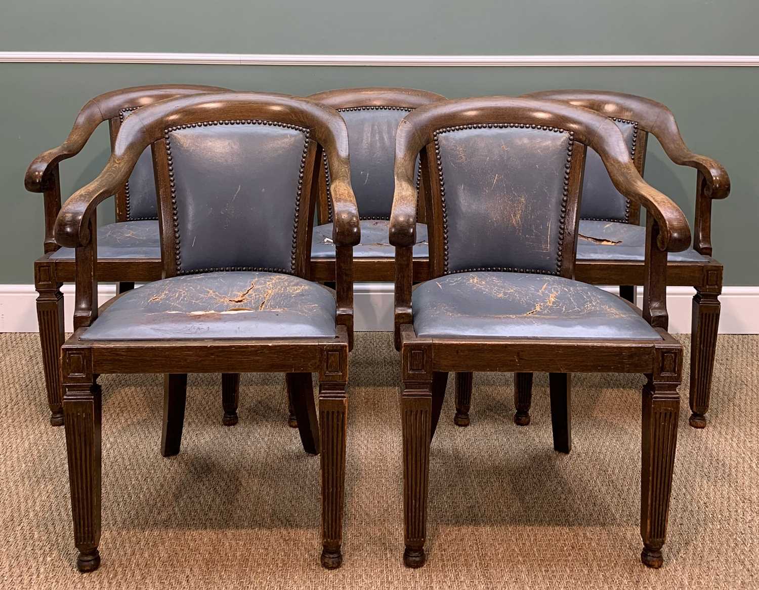 SET TEN EARLY 20TH CENTURY STAINED BEECH ARMCHAIRS, downward swept arms, on fluted square section - Image 2 of 7