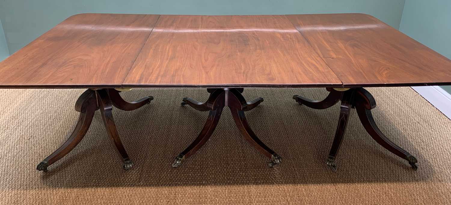 REGENCY TRIPLE-PEDESTAL MAHOGANY DINING TABLE, double reeded top above ringed columns, with brass - Image 5 of 11