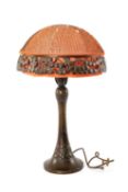 MOGENS BALLIN FOR HERTZ BALLIN, DENMARK, Art Nouveau copper table lamp, with red domed and netted