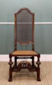 CAROLEAN-STYLE WALNUT HIGH-BACK CHAIR, tapered square cane seat and back, foliate carved legs with