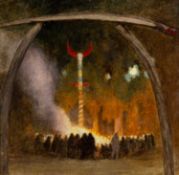 20TH CENTURY SCHOOL oil on panel - Pagan festival at night, 42 x 43cms Provenance: private