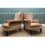 PAIR VICTORIAN EASY ARMCHAIRS, turned front legs, with scrolled arms and backs, fawn velour