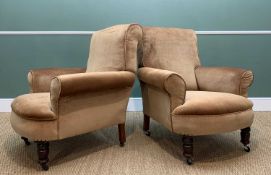 PAIR VICTORIAN EASY ARMCHAIRS, turned front legs, with scrolled arms and backs, fawn velour