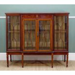 EDWARDIAN MAHOGANY BREAKFRONT DISPLAY CABINET, marquetry inlay to frieze, satinwood cross-banded