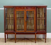 EDWARDIAN MAHOGANY BREAKFRONT DISPLAY CABINET, marquetry inlay to frieze, satinwood cross-banded