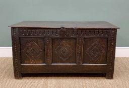 17TH CENTURY JOINED OAK COFFER, two-plank moulded top above arcaded frieze triple panelled front,