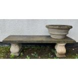 STONE GARDEN BENCH, rectangular with associated acanthus scrolled composition supports, 40h x 152.5w