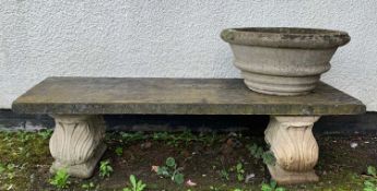 STONE GARDEN BENCH, rectangular with associated acanthus scrolled composition supports, 40h x 152.5w
