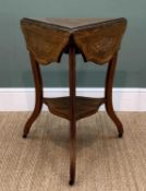 LATE 19TH CENTURY ROSEWOOD TRIANGULAR OCCASIONAL TABLE, shaped drop-flap top with boxwood stringing,